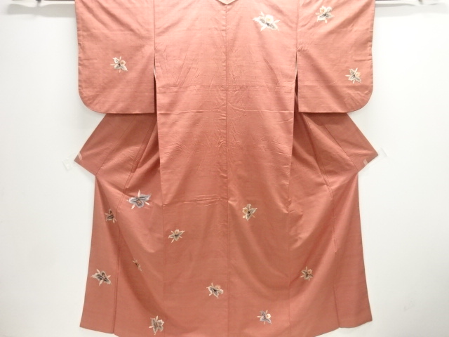 アンティーク　菊模様刺繍手織り紬着物